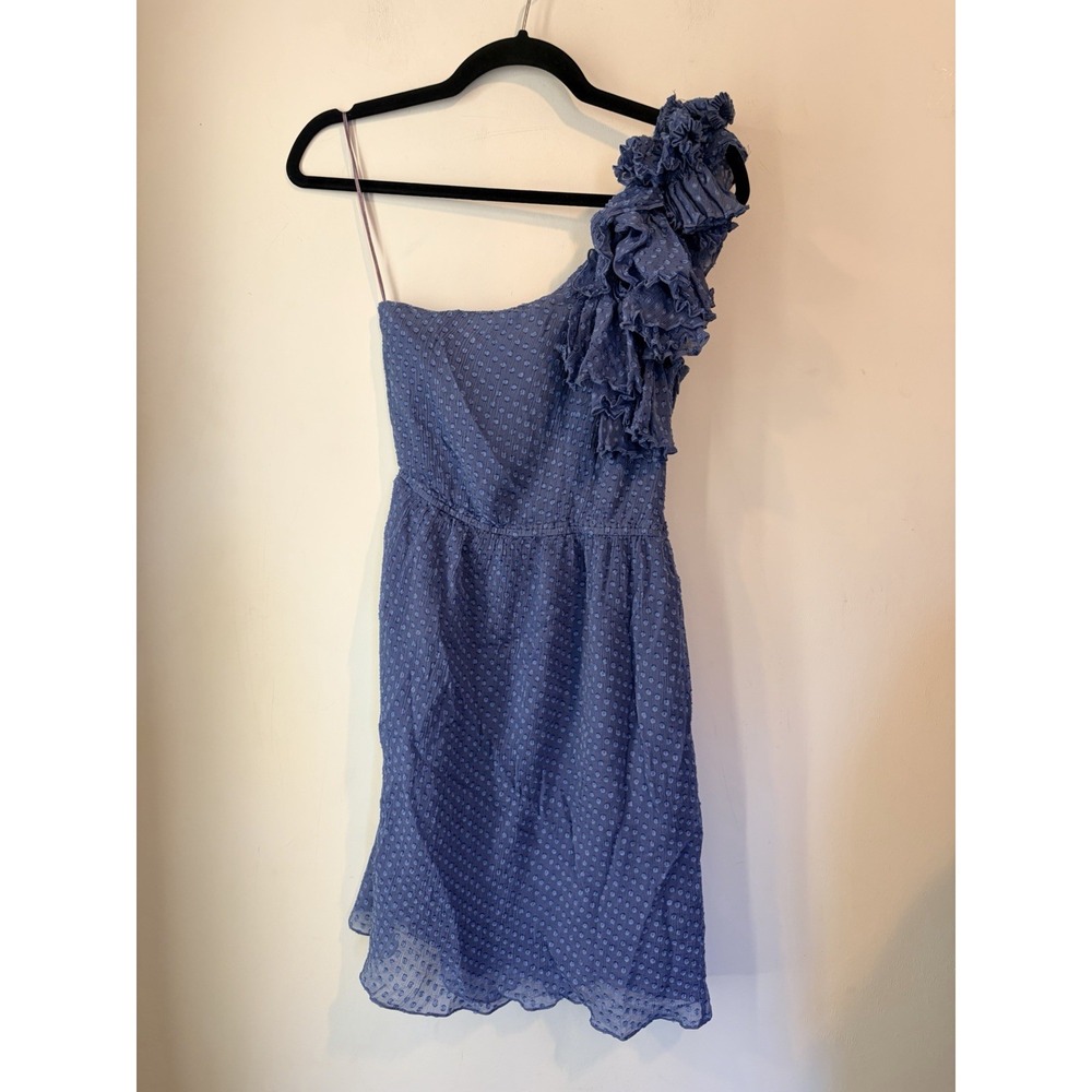 Rebecca Taylor Silk One Shoulder Ruffle Dress Blue Swiss Dot Cocktail Party Sz 4